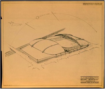 Norman Bel Geddes & Company perspective drawing of an all weather stadium for the Brooklyn Dodgers, 1949. (The University of Texas at Austin, Harry Ransom Center. (c) The Edith Lutyens and Norman Bel Geddes Foundation, Inc.)