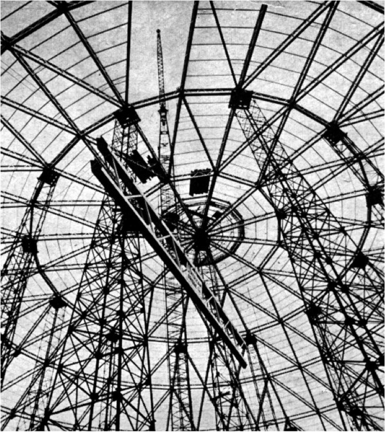 A lamella roof, a German invention dating from 1908, utilizes the structural principle of triangulation comprised of a number of intersecting steel beams forming a diamond-shaped pattern.