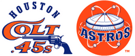 Houston Colt .45s (1962–1964) left was abandoned in favor of the Houston Astros first logo (1965–1976) on the right.
